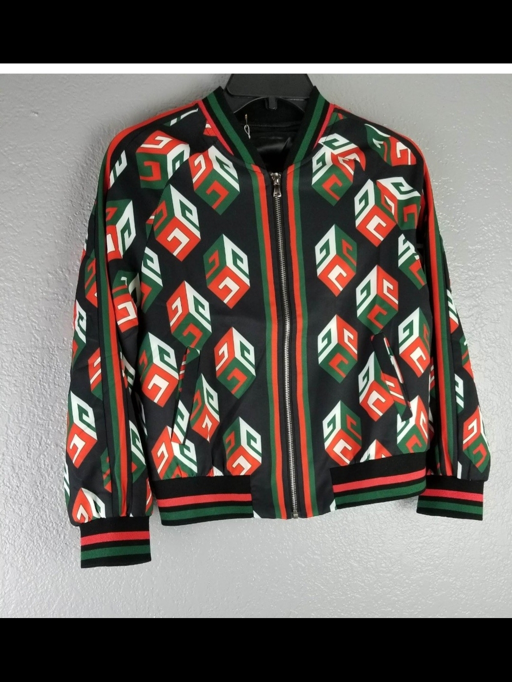 Womens Black Red Green Geometric Zip Bomber Jacket